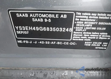 2008 Saab 9-5 Aero from USA, damaged, VIN YS3EH49G683503248